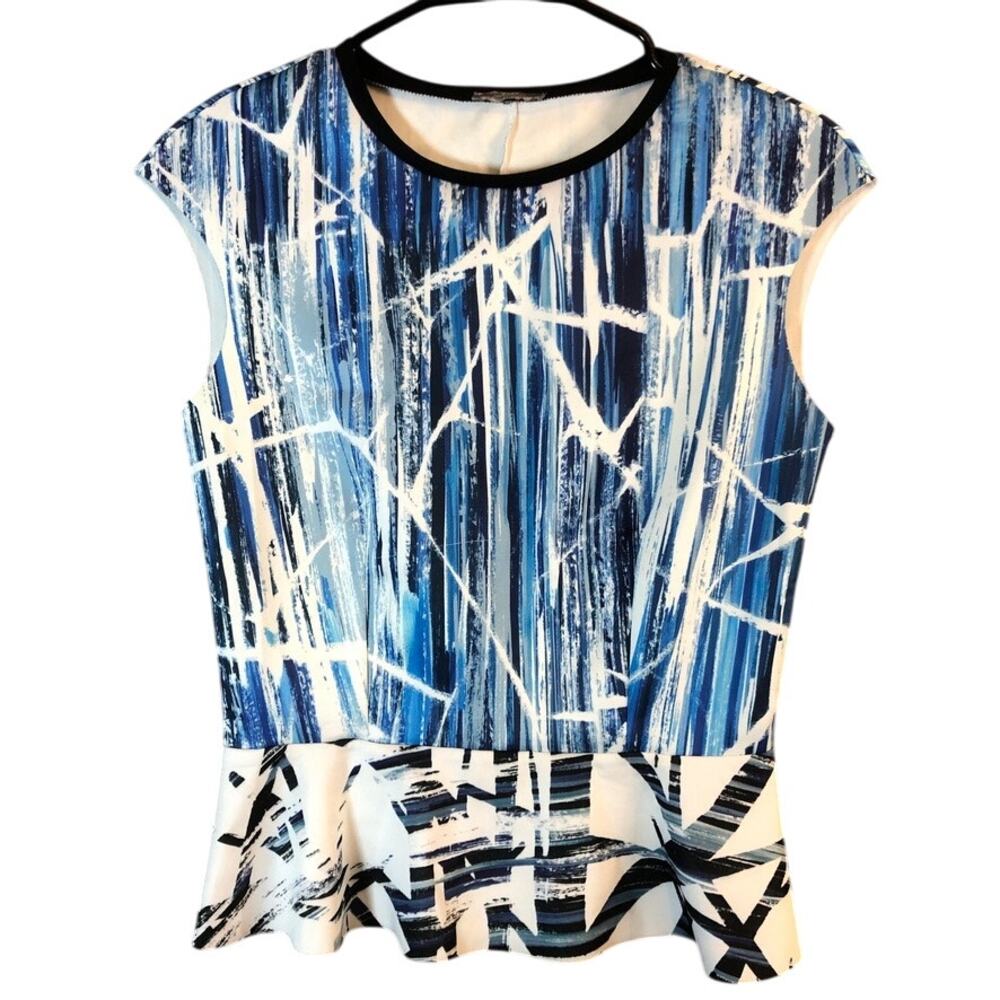 Zara Womens Blouse Blue White Abstract Pattern Peplum Sleeveless Stretch Medium